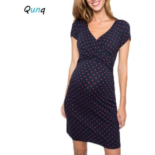Qunq Pregnancy Womens Nursing Dresses Breastfeeding Outfits 2021 New Summer Dot V-neck Casual Dresses for Maternity Woman