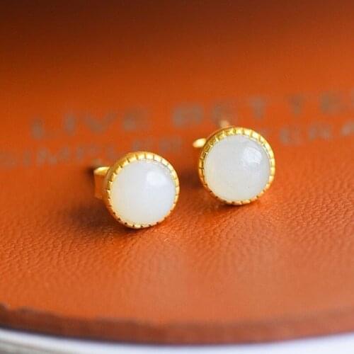 Natural Hetian White Jade Stud Earrings round Small Sterling Silver Temperamental Chinese Style Earrings Accessories for Women F