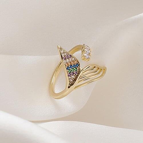 Fashion Multicolor Crystal Mermaid Fishtail Open Rings For Women Creative Party Anniversary Birthday Gift Wedding Rings Jewelry