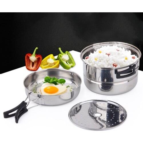 3pcs Outdoor Cookware Set Stainless Steel Plate Stacking Pots Hiking Picnic Pot Camping Hiking Cookware Picnic Cooking Bowl Pot