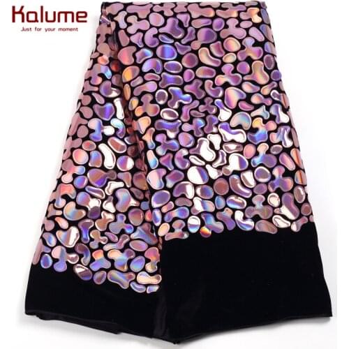 Kalume African Lace FabricHigh Quality Velvet Sequins Lace Fabric Embroidery Sequins Party Dress Nigerian Velvet Fabrics F2225