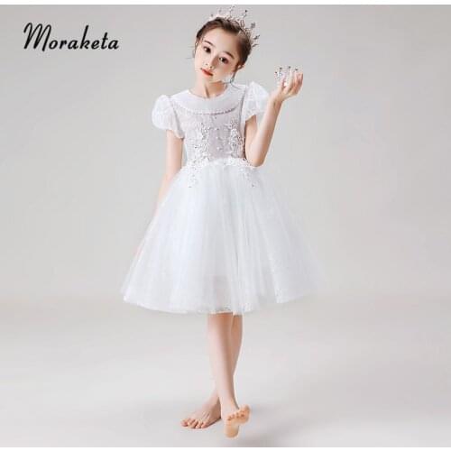 White Grils Dresses For Wedding Elegant O-neck Knee-length Princess Ball Gown Flower Girl Dresses With Sleeve