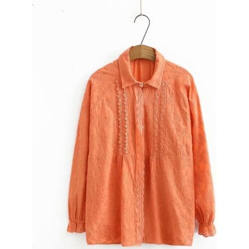 Plus size Lace Solid orange navy white cotton women loose shirts 2021 new spring autumn casual ladies shirt female tops