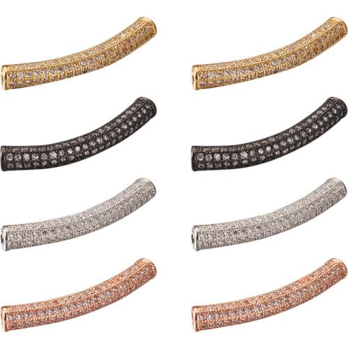 Brass Micro Pave Cubic Zirconia Tube Beads, Tube, Curved, Mixed Color, 32.5x6.5x5mm, Hole: 2mm
