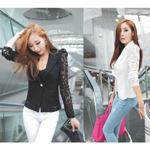 Elegant Women Blazer Long Sleeve Hollow Out Female Jacket Lace Patchwork Office Ladies Suits OL Outwear Spring Fall Coats