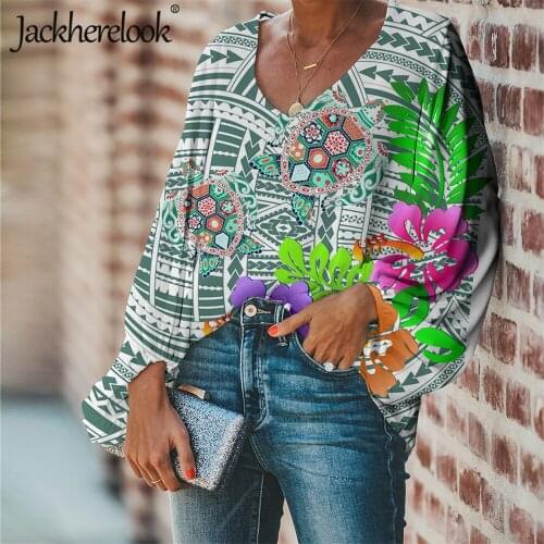 Jackherelook Plus size Casual Oversized Women Blouses Polynesian Hibiscus Plumeria Print Spring Chiffon Blouse Female Top Shirts