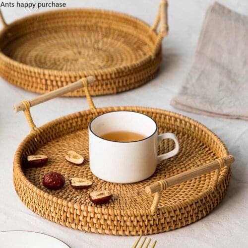Handmade Rattan Storage Sort Out Basket Cake Dessert Tray Round Rectangular Fruit Basket Home Use Binaural Weave Snack Plate