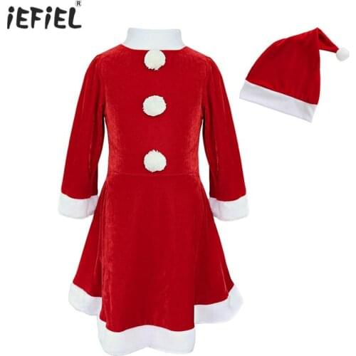 2018 Red Cute Girls Christmas Dress Costumes Santa Claus Costume For Christmas Dance Party Fancy Dress with Hat Outfit Costumes