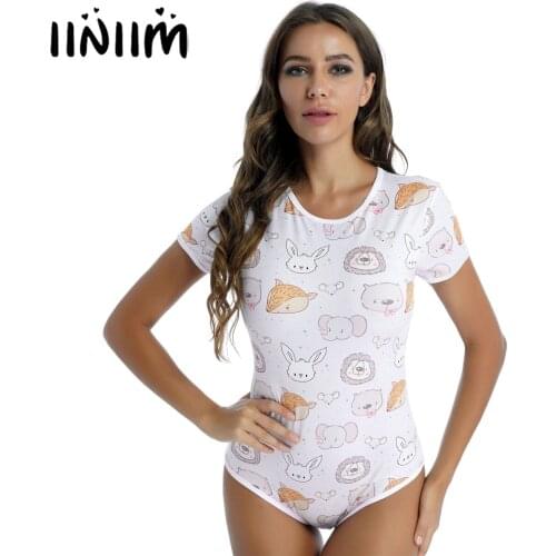 Summer Exotic Costume Women Sleepwear Cute Cartoon Print Swimsuit Bodysuit Round Neck Short Sleeve Romper Button Crotch Jumpsuit