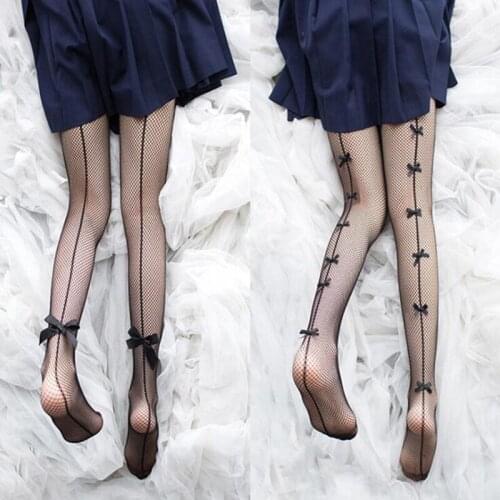 Lolita Bowknot Tights Women Black Mesh Thin Pantyhose Japan Style Stockings Female Collant Panty Calcetine