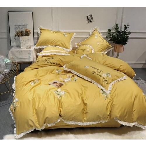 Lovely Flower 80S Egyptian cotton Embroidered Bedding sets Queen King Princess Duvet cover Bed sheet set Pillowcase 4/6pc Yellow