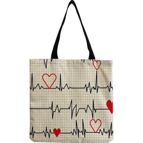 Fashion Nurse Shoulder Bag Daily Simple Shopping Bag Electrocardiogram Grid Printed Tote Female Eco Reusable Handbag Foldable