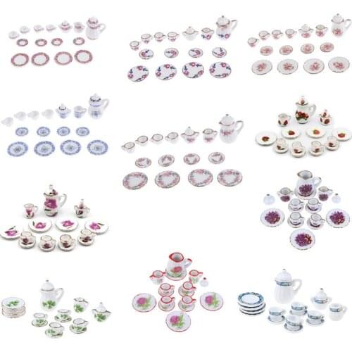 1:12 Miniature 15PCS Porcelain Tea Cup Set Chintz Flower Tableware Kitchen Dollhouse