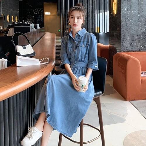 New Summer Women Dresses Big Hem Loose Casual Turn-Down Collar Single Button Pocket Slim Solid Jeans For Females Denim One-Piece