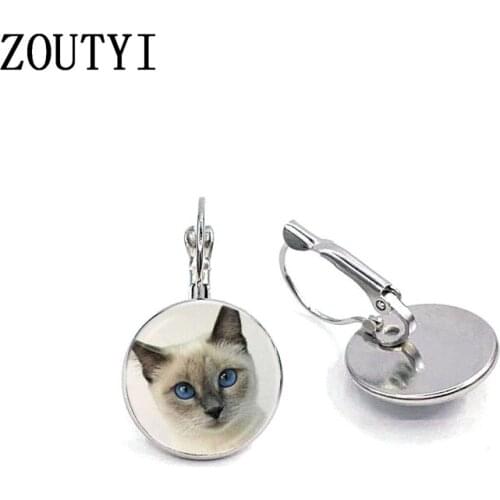 New/fashion glamour blue-eyed white cat photos, convex glass inlay earrings, women wear jewelry