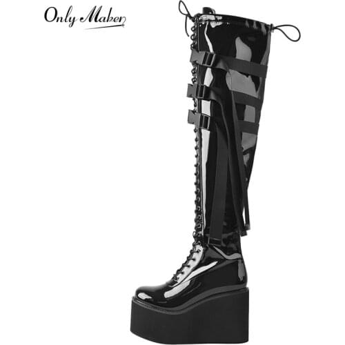 Onlymaker Platform Boots Round Toe Shoes Lace-up Martin Boots Wedges Over The Knee Patent Leather Zipper Band Big Size