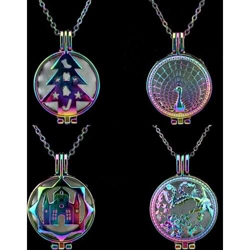 Rainbow Castle New Year Tree Peacock Perfume Diffuser Aroma Pearl Cage Locket Necklace Women Kids Party Gift