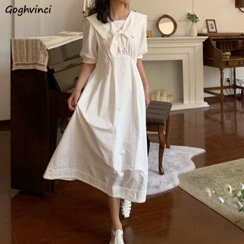 Dress Women Japanese Style Student Sailor Collar Kawaii Bow Empire White All-match Chic Female Preppy Style Lantern Sleeve Retro
