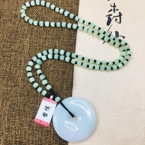 Zheru pure natural Jadeite carved light green donut pendant with green bead necklace sweater chain Send A certificate