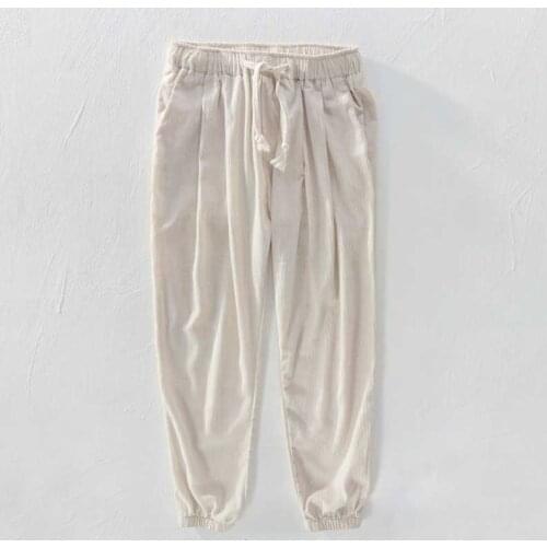 Casual Linen Ankle Length Pants for Summer Men Beach Pants Straight Loose Baggy Sandle Trousers Hip Hop Joggers Elastic Waist