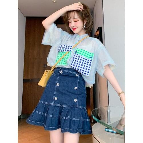 Top Quality High waist open line skirt double breasted denim half skirt with lotus leaves