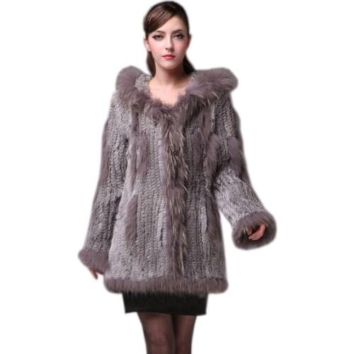 2020 lady knitted Real genuine rabbit fur coat/ jacket/ outwear/Garment with raccoon collar hood women long with tassels