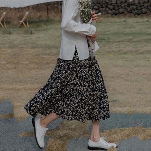 Chiffon Floral Skirt High Waist Skirt Midi A-line Skirt 2 Colors for Temperament Woman Formal Party Daily Life Skirt Dresses