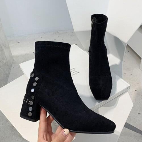 Women fashion winter ankle boots rivets shoes woman square toe chunky heels block heel shoes short boots