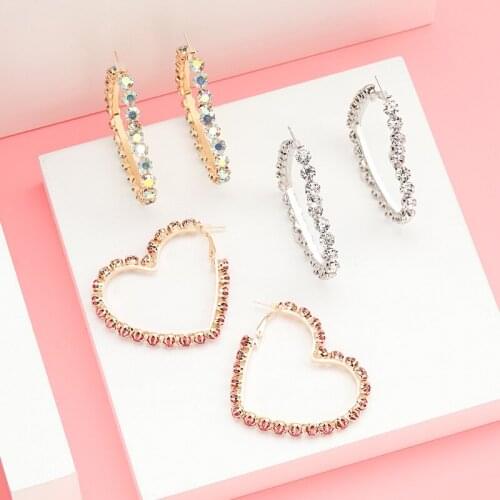 Find Me Romantic Heart Hoop Earrings for Women Geometric Simple Alloy Color Rhinestone Earrings Fashion Jewelry Accessories