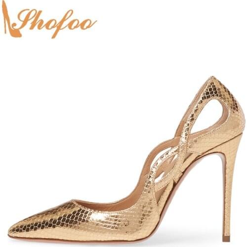 Gold Snake Prints Toe Stiletto High Heels Pointed Women Pumps Slip On Large Size 14 15 Ladies Summer Fashion New Shoes Shofoo
