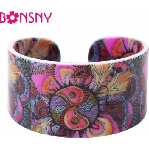Bonsny Acrylic Ethnic Flower Pattern Wide Retro Bracelets Bangles Fashion Jewelry For Women 2017 New Spring Summer Accessories