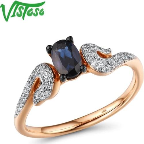 VISTOSO Pure 14K 585 Rose Gold Ring For Women Ring shining Diamond Blue Sapphire Luxury Wedding Engagement Elegant Fine Jewelry