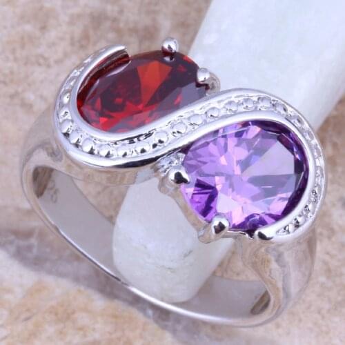 Gallant Purple Cubic Zirconia Red Garnet Silver Plated Womens Ring Size 6 / 7 / 8 / 9 R1344