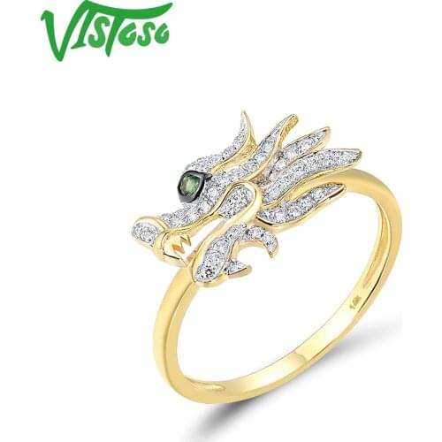 VISTOSO Gold Rings For Women Genuine 14K 585 Yellow Gold Sparkling Green Garnet Diamond Dragon Ring Trendy Unique Fine Jewelry