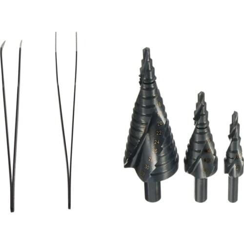 2 Pcs 13cm Length Black Anti-Static Straight Curved Tweezers & 3 Pcs HSS Spiral Grooved Step Cone Drill 4-12 4-20 4-32mm