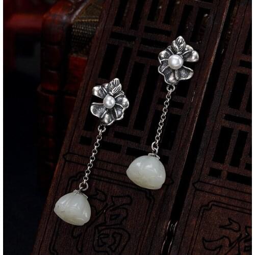 2018 Hot Sale Sale Earings Fashion Jewelry Deer S925 Pure Antique Mosaic And Tian Yu Jade Pearls Lotus Lady Earrings Wholesale