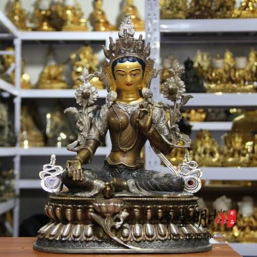 46CM huge large # GOOD buddha HOME Temple Silver plating Nepal Tibet Buddhism GREEN Tara Avalokitesvara brass Buddha statue