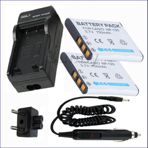 Battery (2-Pack) + Charger for Casio NP-120, NP 120, NP120 Lithium Ion Rechargeable 3.7 V,750mAh