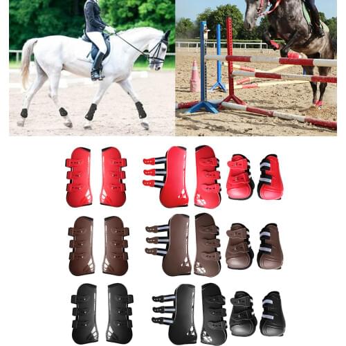 Horse Pu Shell Neoprene Lined Front/Rear Leg Boots Sets Front+Rear Brown Horse Boots for Training Jumping Riding Eventing
