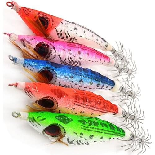 5pcs 10cm luminous squid hook 3D big eyes squid jigs hooks wood shrimp jigging fishing lures