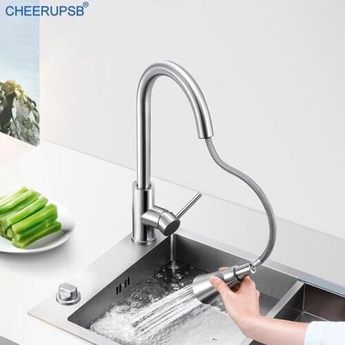 Kitchen Pull Out Faucet Stainless Steel Hot Cold Water Mixer Crane Deck Mounted Brush Nickel Pull Out Flexible Faucet with Spray