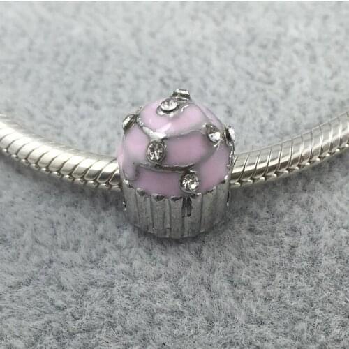 Sweet Cupcake SIlver Plated With Crystal Lovely Pink Enamel European Beads Fit Charms Bracelets&Bangles Necklace