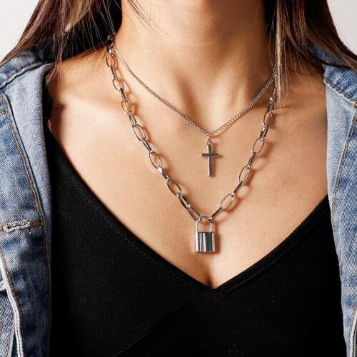 Layered Double Neck Chains Cross Lock Pendant Jewelry Women Men Punk Choker Padlock Goth Grunge Aesthetic Accessories Necklace