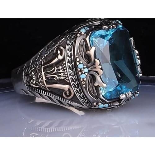 Turkish handmade 925 sterling silver jewelry aquamarine stone mens ring all size
