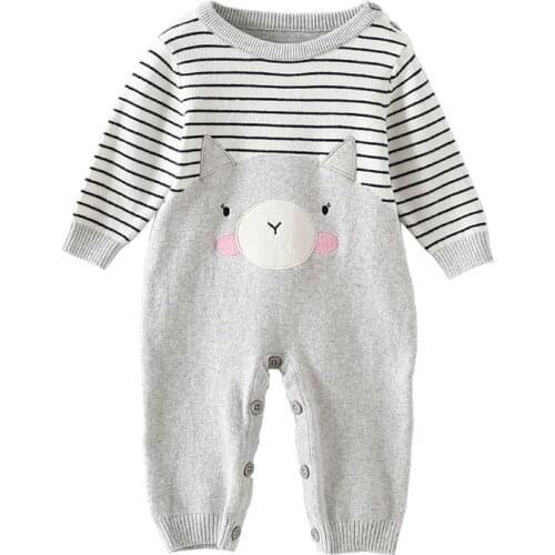 Autumn New Cute Romper Girls Long Sleeve Gray Cartoon Animal Baby Jumpsuit Boys Stripe Knitted Outfit One Piece Baby Clothes