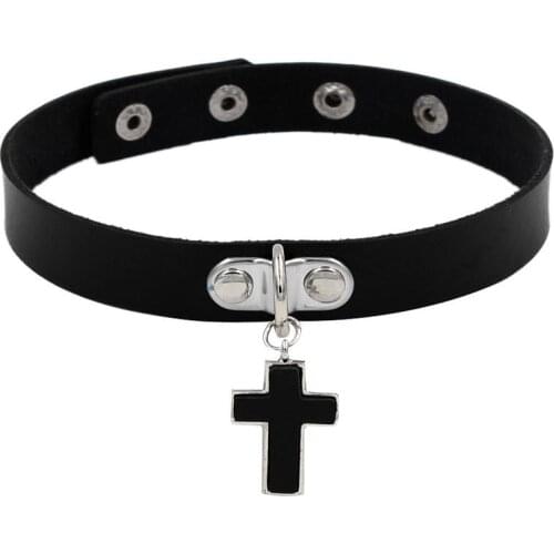 PU Leather Black Cross Gothic Choker Necklace Women Punk Rock Goth Chocker Bondage Necklaces collar for Women Fashion Jewelry
