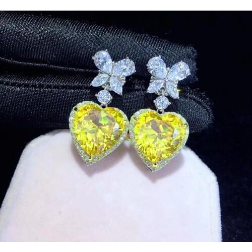 Yellow color heart drop earring 925 sterling silver with cubic zircon bowknot and heart earring fine women jewelry