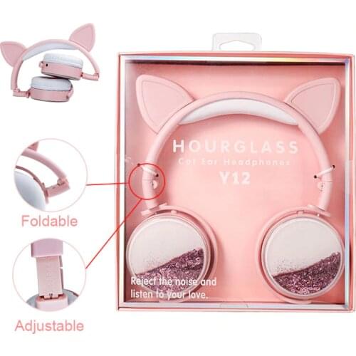 Foldable Cute Cat Ear Kids Headphone With Mic Cartoon Earphone 3.5 Jack Music Girl Helmet Bling Glitter Cascos For Phone Gift