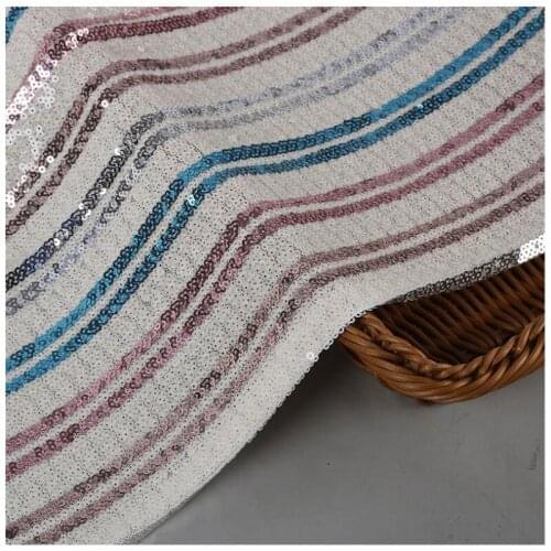 Lace167 White Base Stripe Embroidered Mesh Yarn Sequined Fabric Fashion Womens Dresses Stage Dress Wear Decorative DIY Fabrics