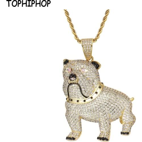 TOPHIPHOP Animal Bulldog Dog Pendant Necklace Ice Out Colorful Cubic Zirconia Gold Sparkling Hip Hop Mens Pendant Jewelry Gift
